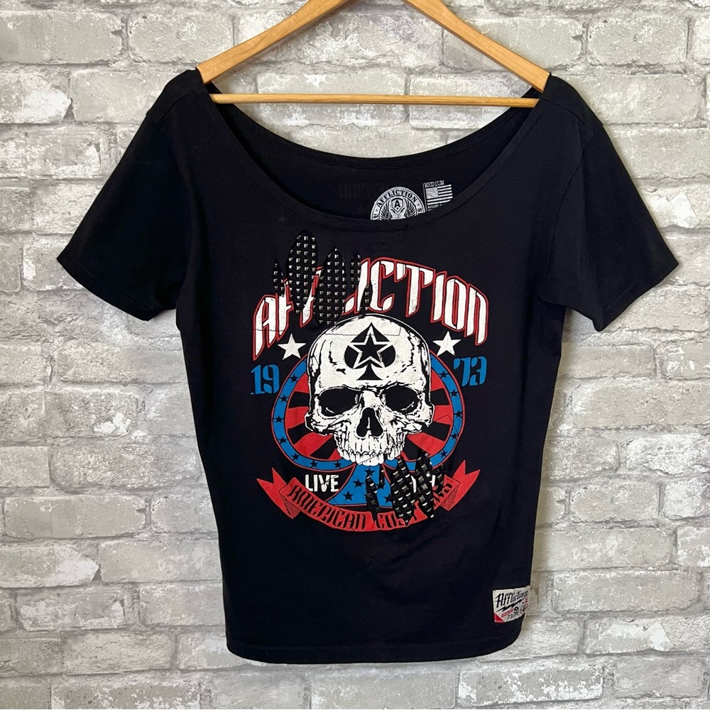 Affliction Women's Medium Skull Studded Distressed Graphic Tshirt. Scoop Neck.